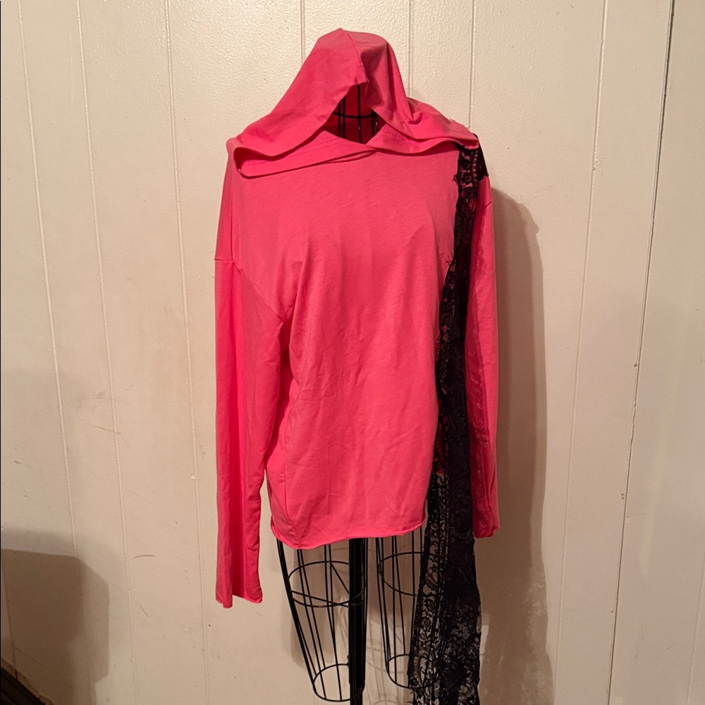 SHEIN Vibrant Pink Top with Black Lace Detail